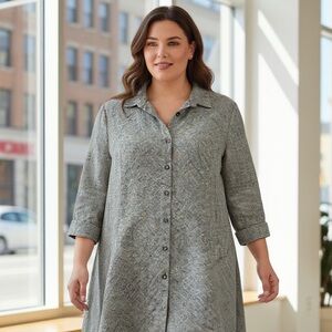 FLAX Linen Duster Button Up Jacket Medium Lagenlook Gray‎ Boho Modest Layered